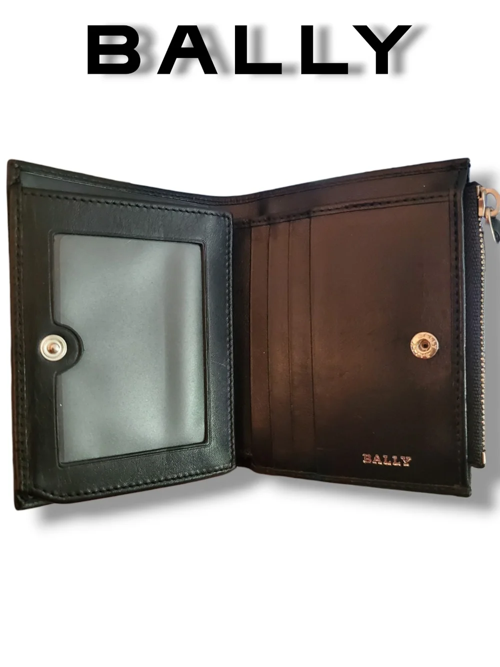 Authentic Bally Black Leather Striped Bifold Compact Wallet with Side Zip
